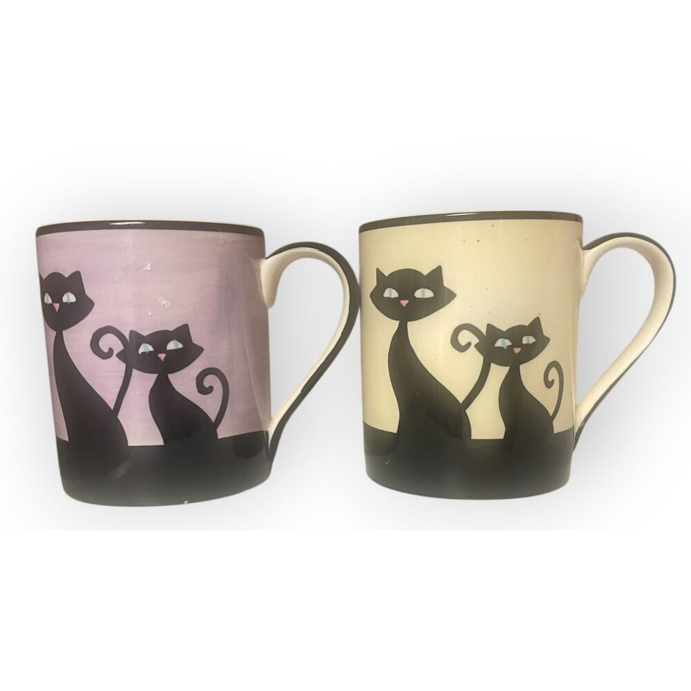 Hues N Brews CATTITUDE Mug Black & Ivory with Siamese Cats | Lot of 2 | No flaws